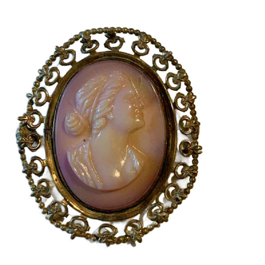 Carved Pink Cameo Woman's Portrait Brooch circa 1900s