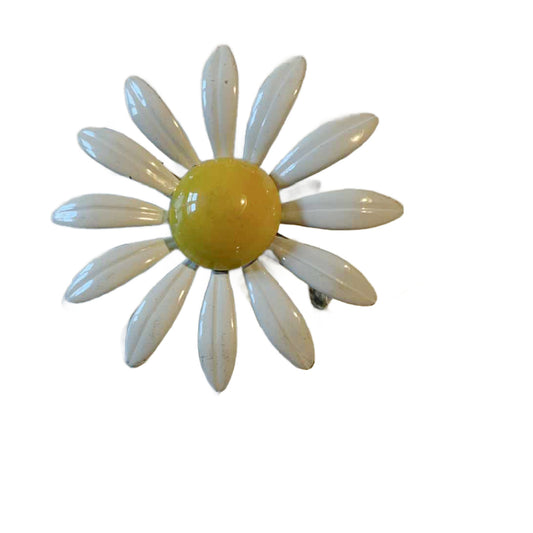 Happy White and Yellow Metal Daisy Brooch circa 1960s