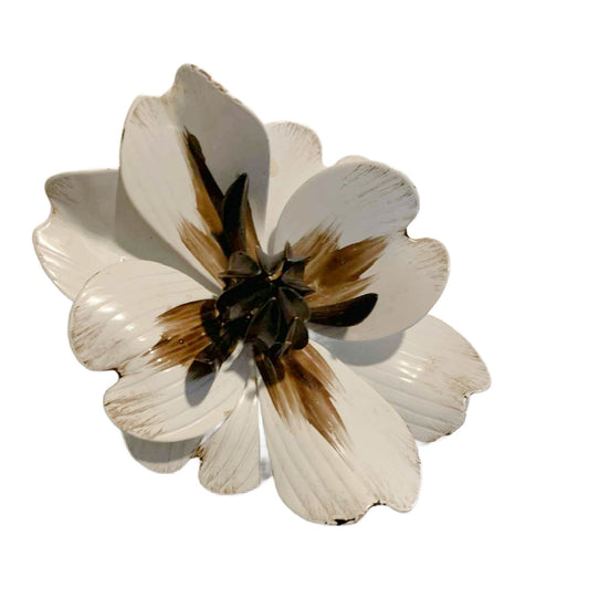 BIG Stylized White and Brown Enameled Magnolia Flower Brooch circa 1960s