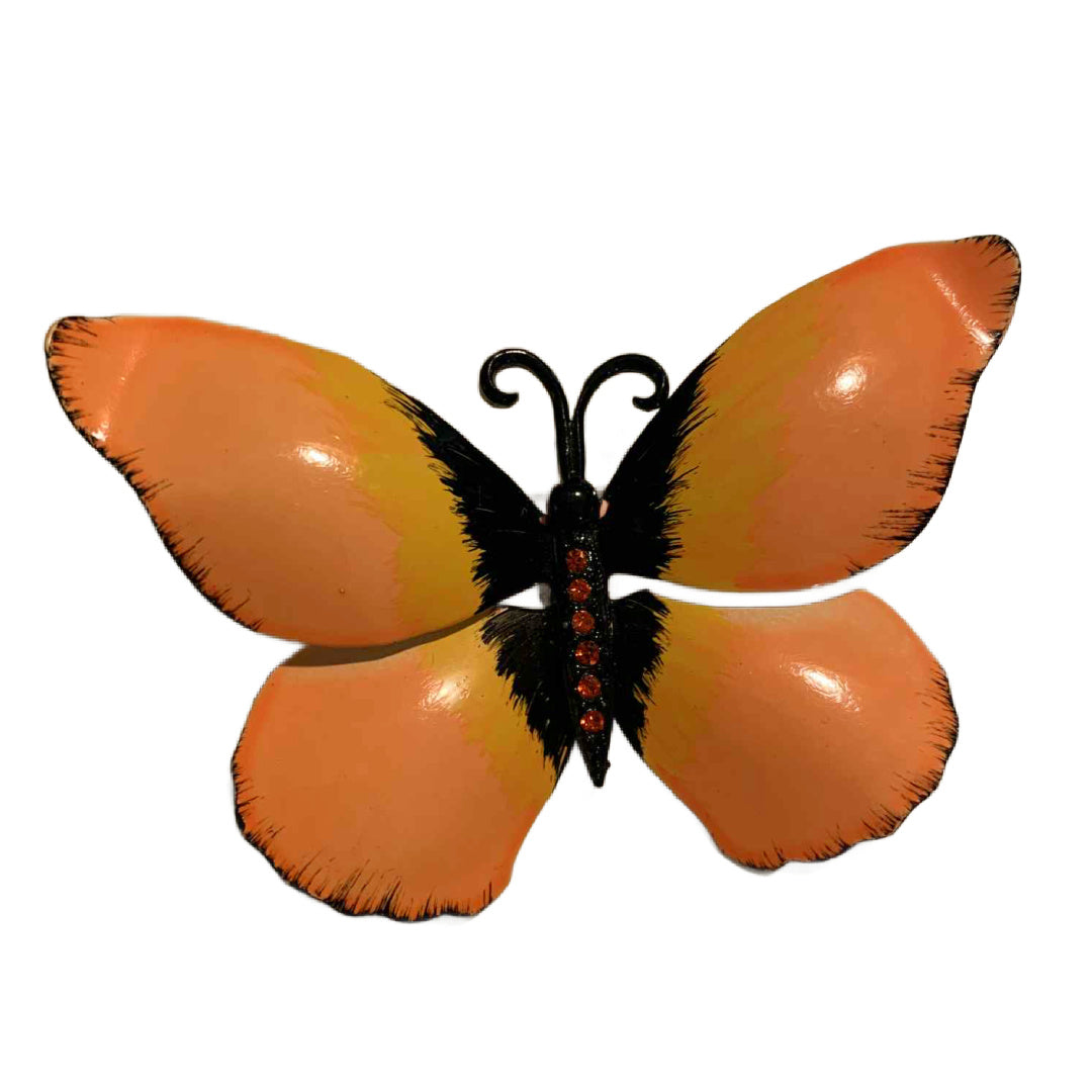 BIG Enameled Orange Butterfly Brooch with Rhinestones circa 1960s