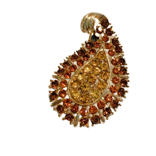 Honey Coiored Paisley Rhinestone Brooch circa 1960s