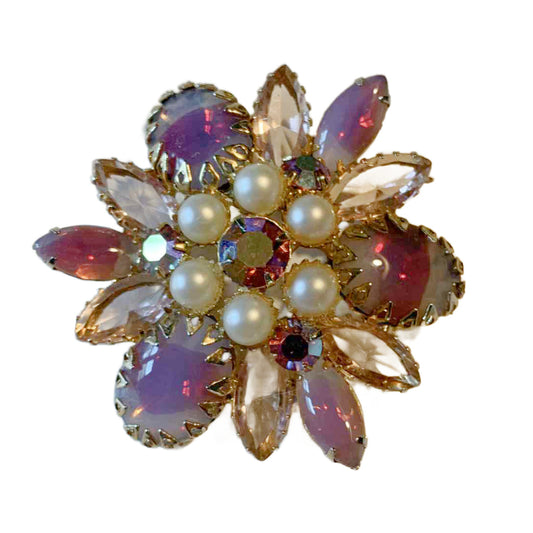 Opalescent Pink Cabochon and Rhinestone Flower Brooch circa 1960s