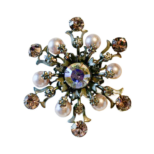 Smoky Pink Rhinestone and Faux Pearl Starburst Brooch circa 1960s