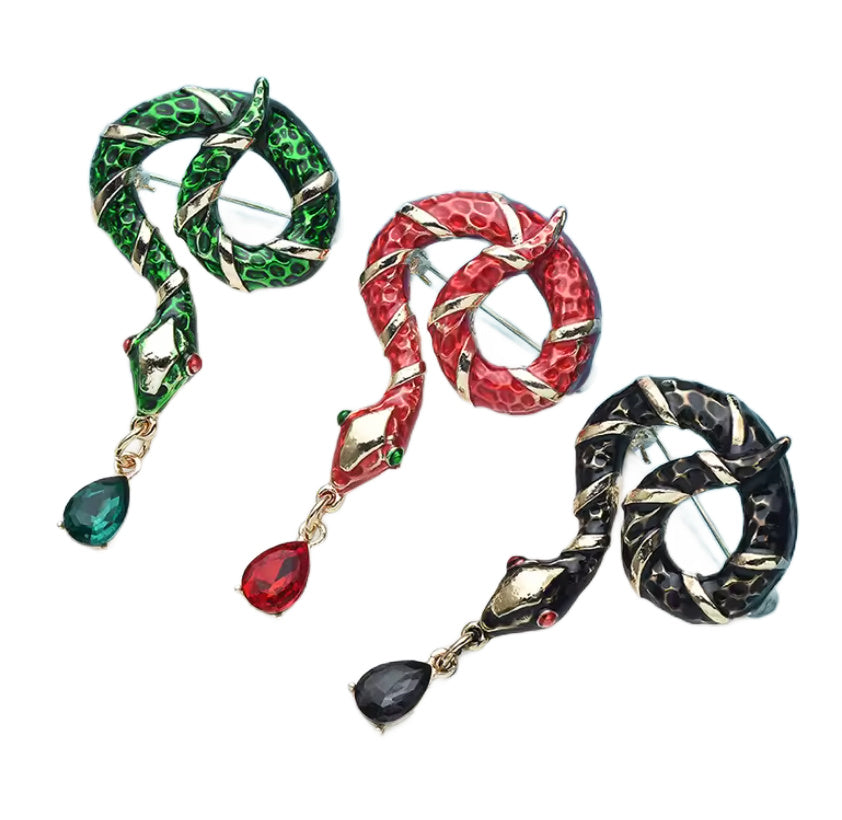 Coiled Enameled Metal Snake with Dangling Crystal Brooch 3 Colors