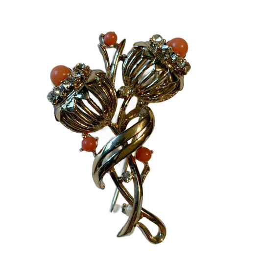 Scottish Thistle Coral Bead Accented Brooch circa 1960s