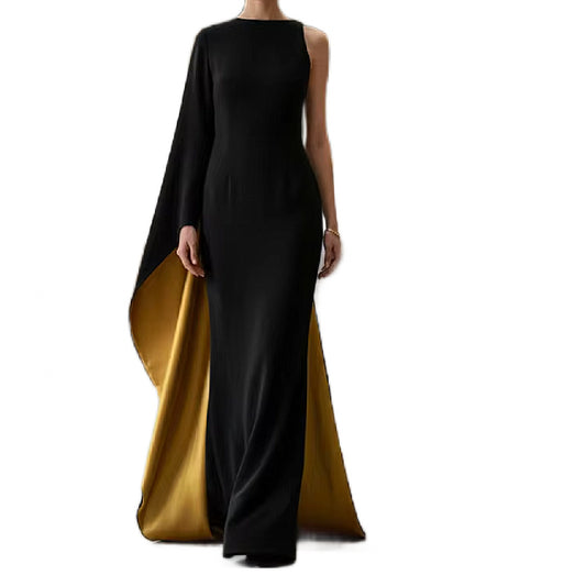 Mab- the Black and Gold One Sleeved Caped Back Evening Gown