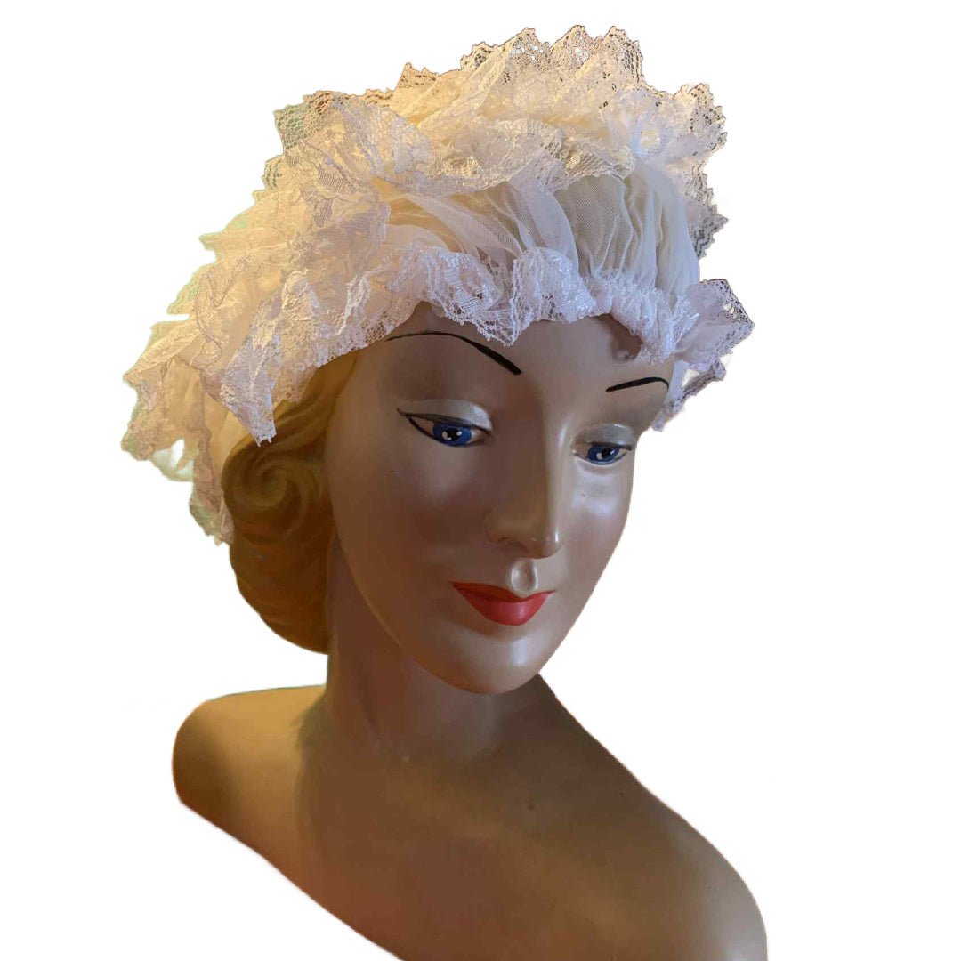 Cutie Pie White Lace Curler Cap Sleeping Bonnet circa 1960s