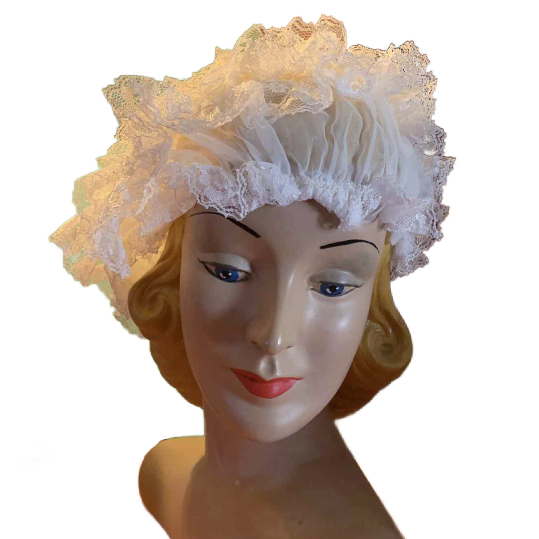 Cutie Pie White Lace Curler Cap Sleeping Bonnet circa 1960s