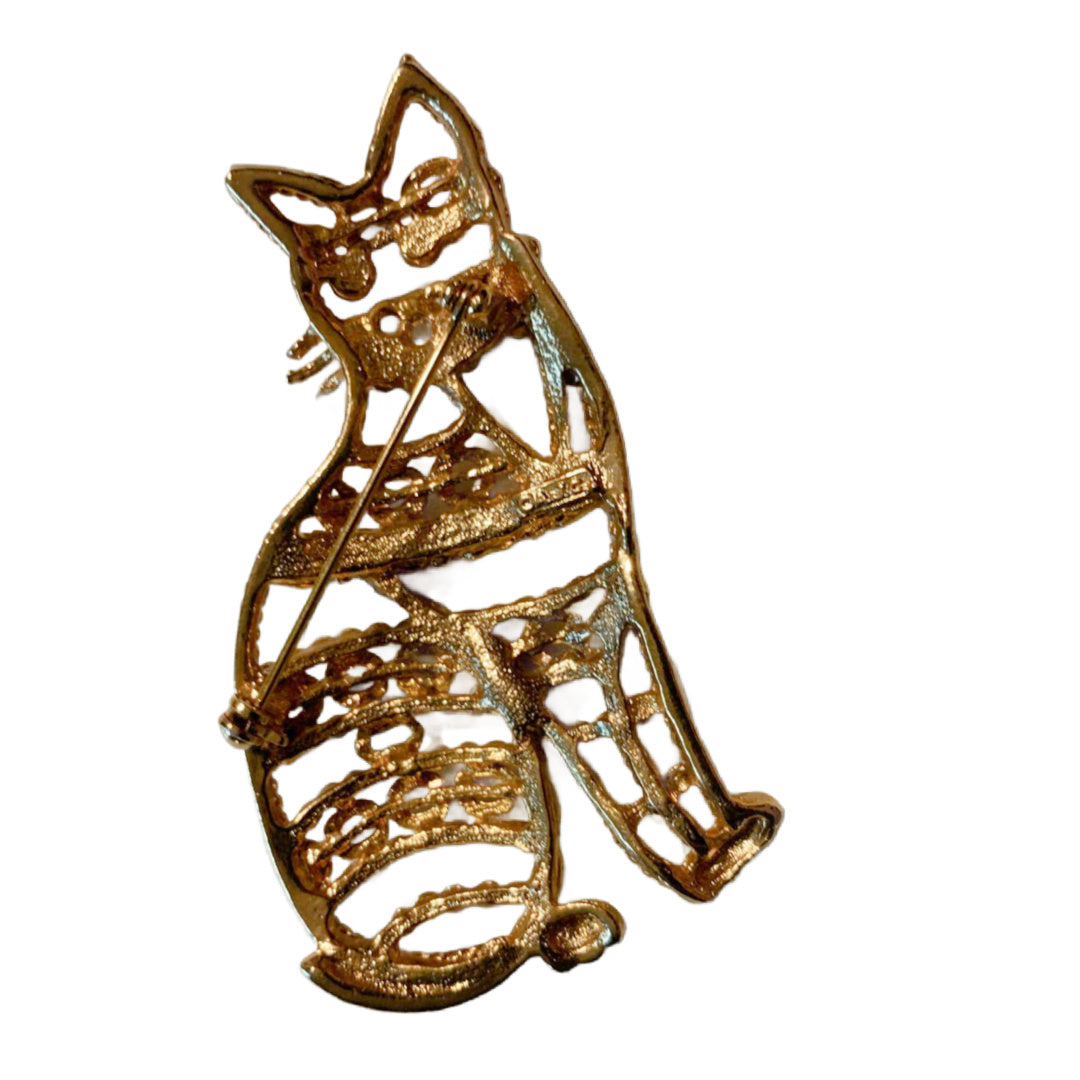 Golden Metal Kitty Cat Brooch circa 1980s