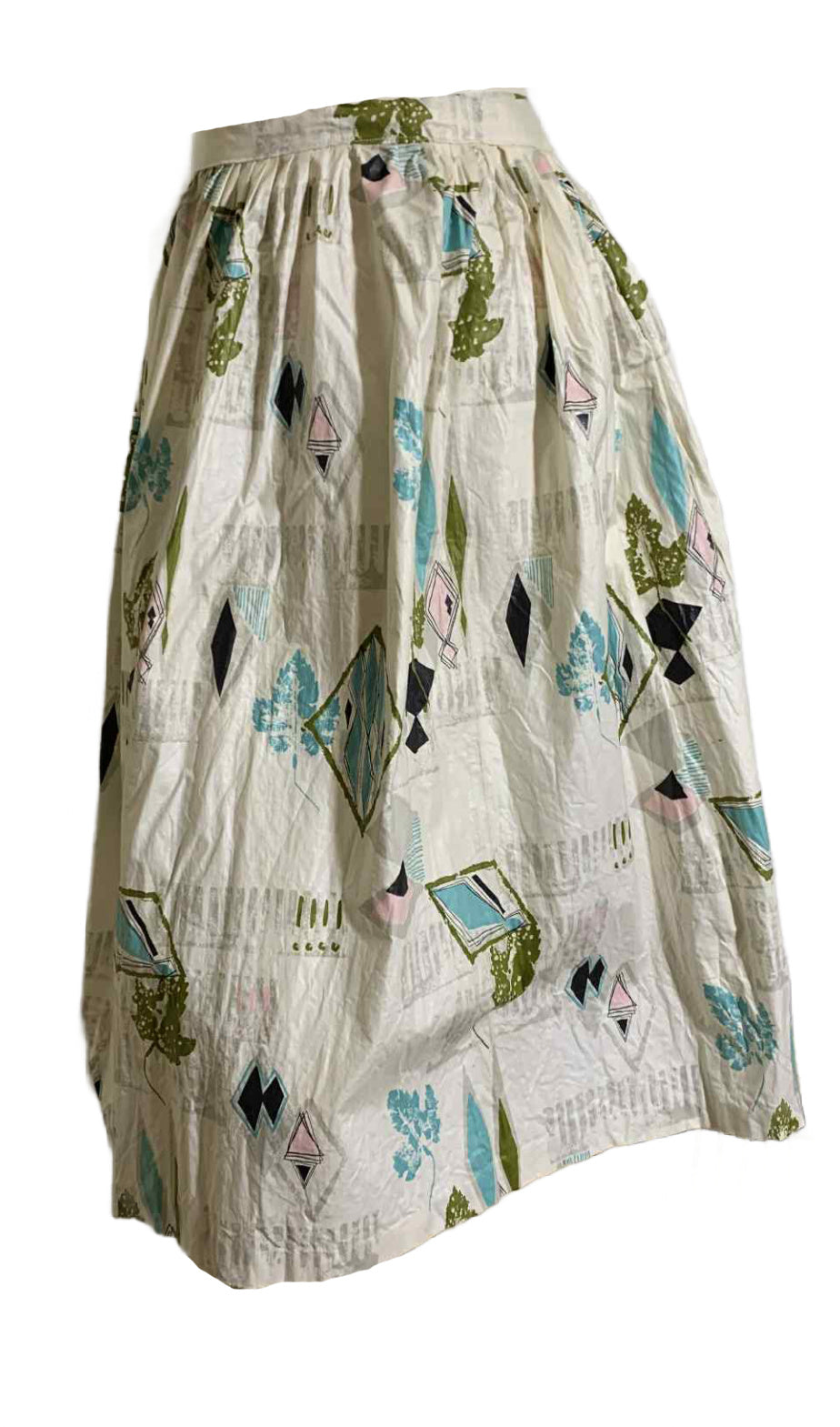 Pink, Aqua and White Atomic Print Kandell Glazed Chintz Full Skirt circa 1950s