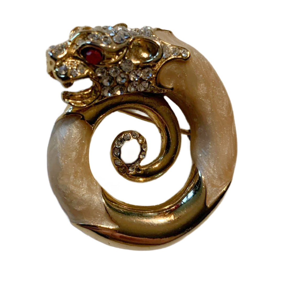 Enameled Leopard Head Spiral Rhinestone Brooch circa 1980s