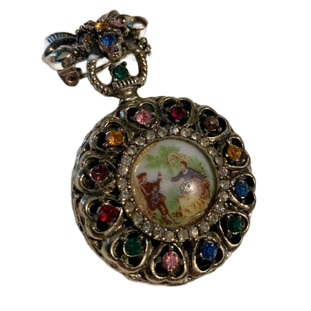 Romantic Couple Multicolored Rhinestone Dangle Brooch circa 1960s