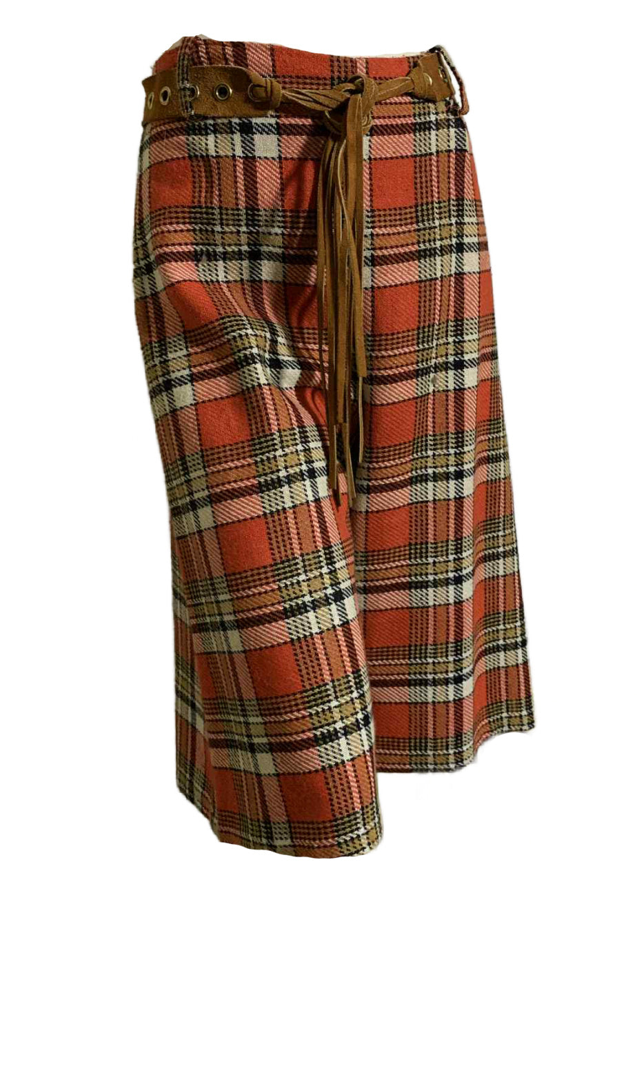 Cinnamon and Green Plaid Wool Culotte Pants with Leather Belt circa 1970s