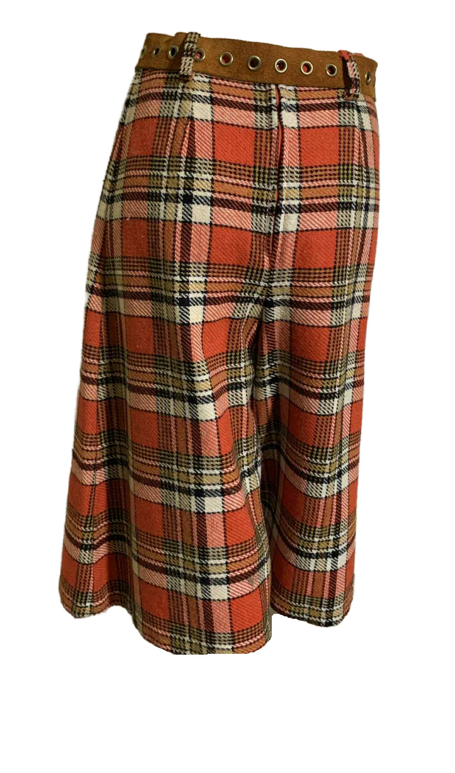 Cinnamon and Green Plaid Wool Culotte Pants with Leather Belt circa 1970s