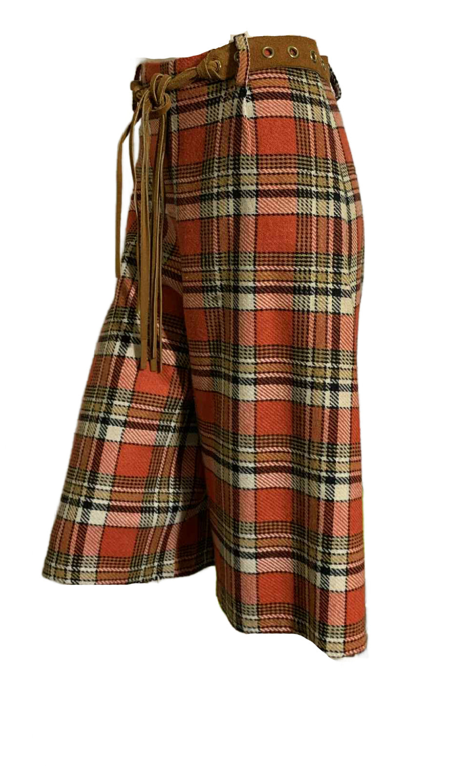 Cinnamon and Green Plaid Wool Culotte Pants with Leather Belt circa 1970s