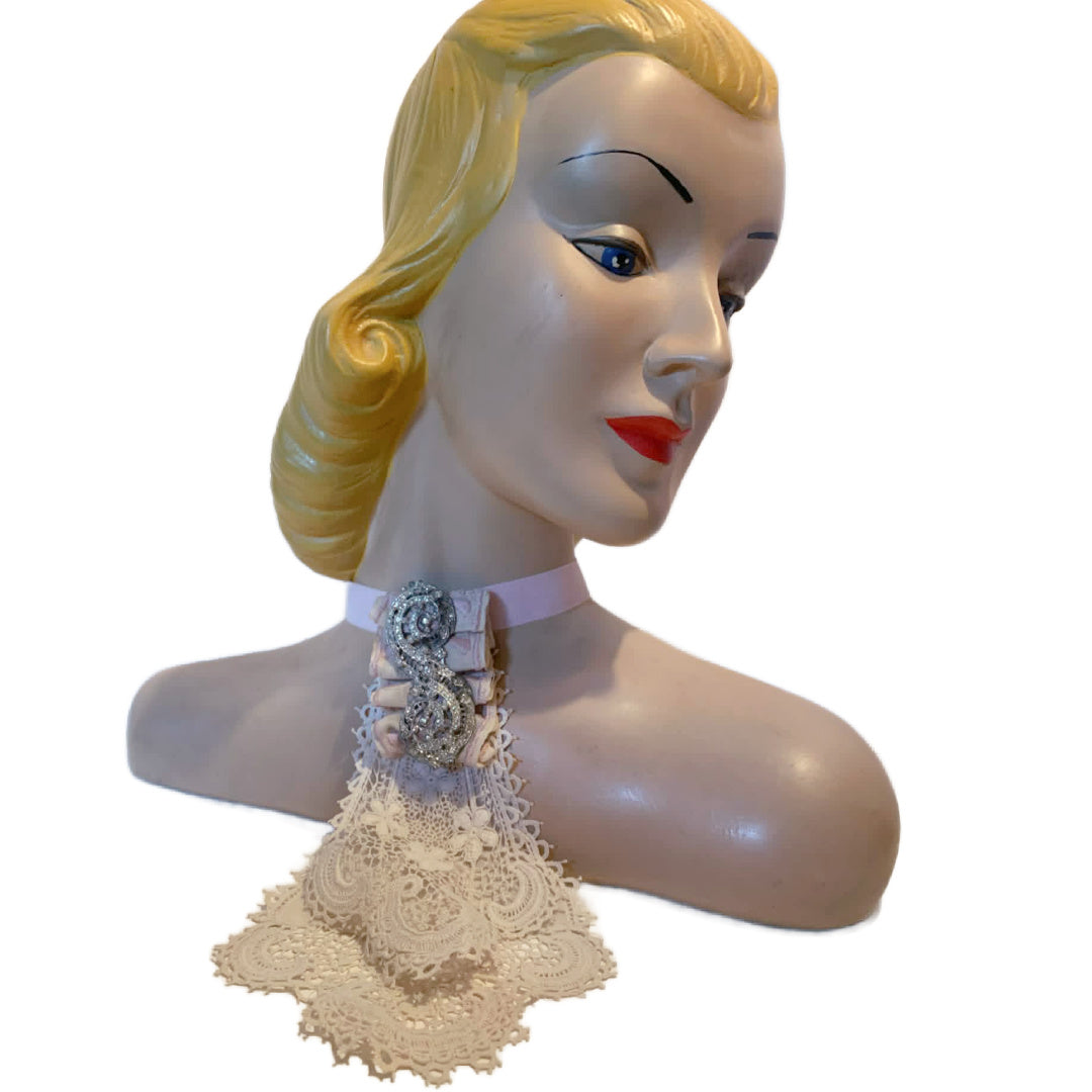 Blushed Reimagined Antique Lace Ascot, Rhinestones and Pink Ribbon Choker Necklace