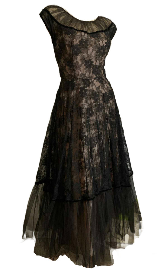 Lingerie Inspired Black and Pink Chiffon Lace Party Dress by Emma Domb circa 1950s
