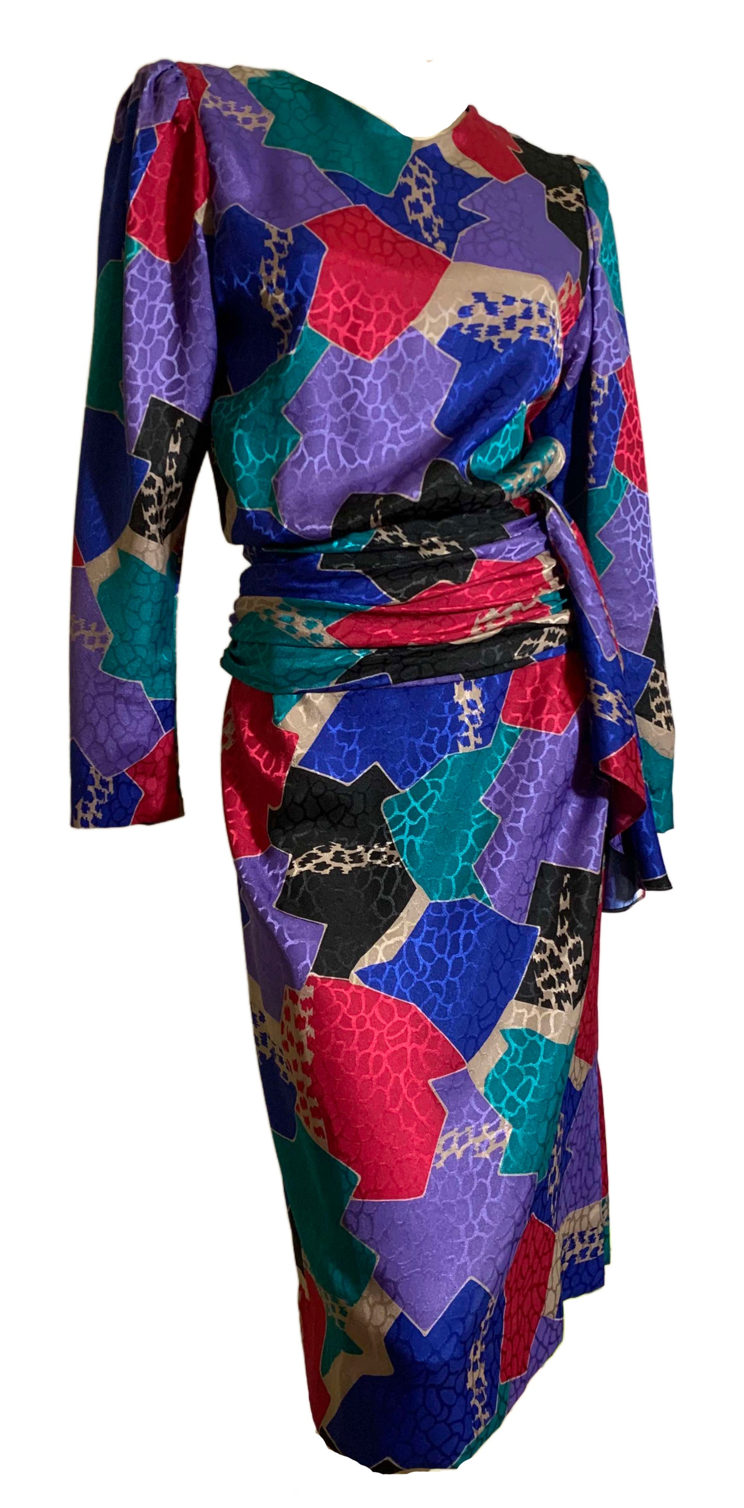 Black and Bright Colors Abstract Print Blouson Bodice Dress circa 1980s