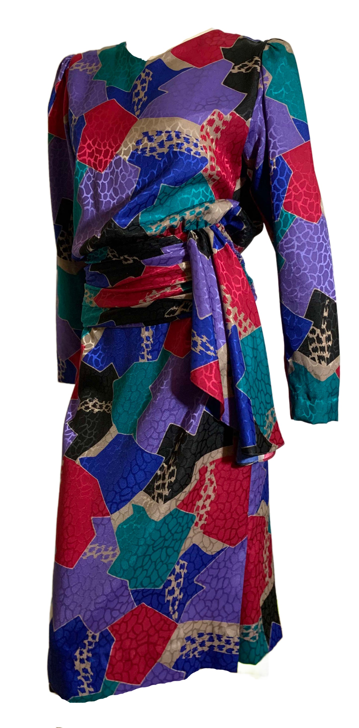 Black and Bright Colors Abstract Print Blouson Bodice Dress circa 1980s