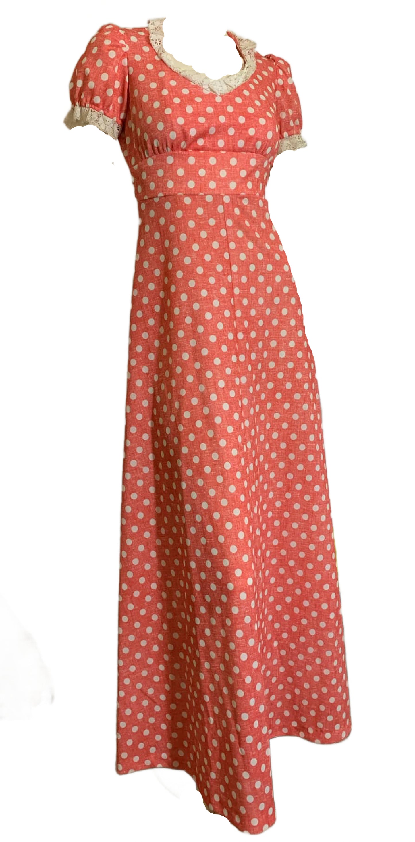 Pink and White Empire Waist Puff Sleeved Polka Dot Maxi Dress circa 1970s