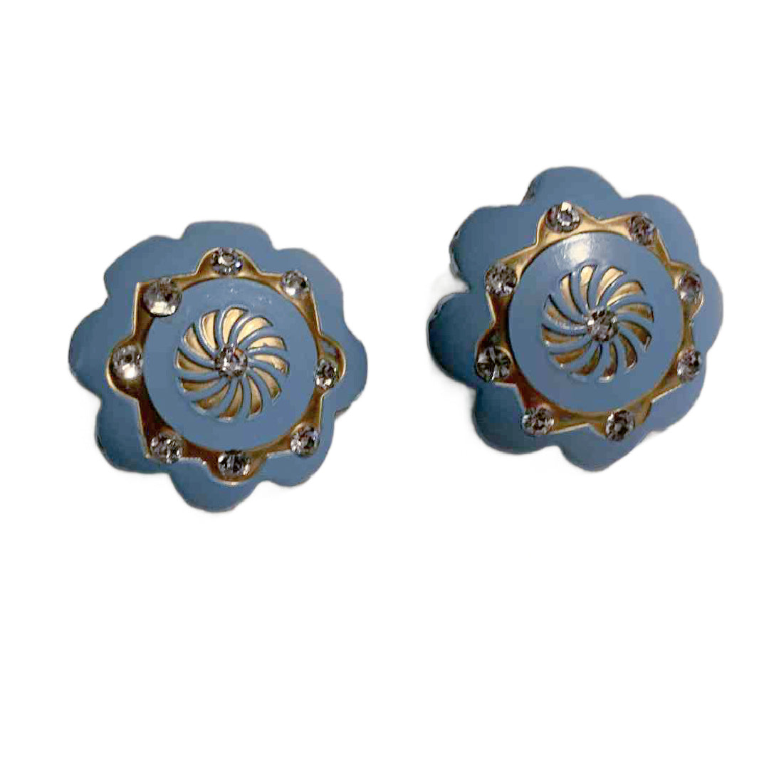Steel Blue Carved Plastic Clip Earrings with Gold and Rhinestone Accents circa 1950s