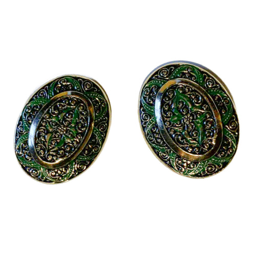 Green Metal Medallion Cip Earrings circa 1960s