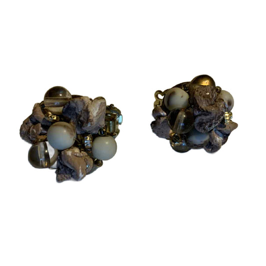 Earth Tone Rock and Bead Button Earrings circa 1960s