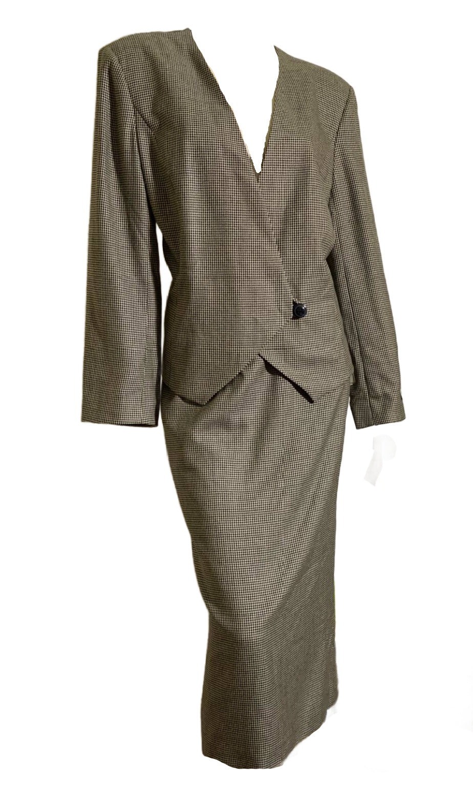 Houndstooth Checked Grey and Black Suit with Long Pencil Skirt Button Slit circa 1980s