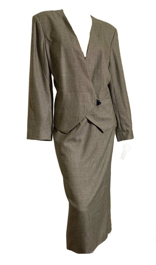 Houndstooth Checked Grey and Black Suit with Long Pencil Skirt Button Slit circa 1980s