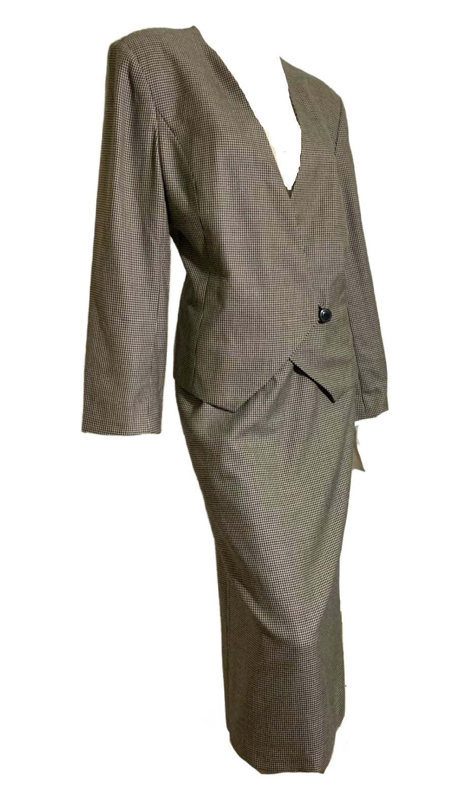 Houndstooth Checked Grey and Black Suit with Long Pencil Skirt Button Slit circa 1980s