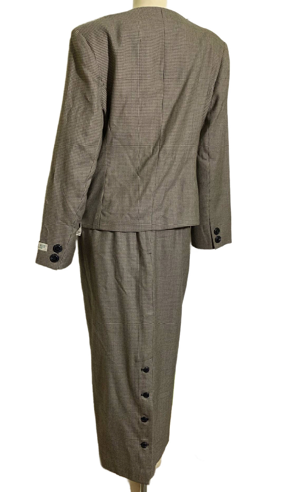 Houndstooth Checked Grey and Black Suit with Long Pencil Skirt Button Slit circa 1980s