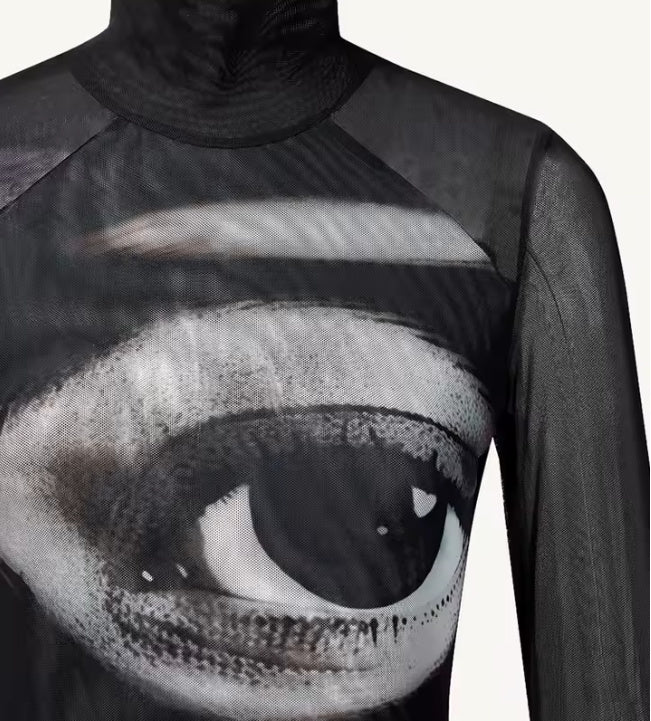 Irina- the Black and White Op Art Eye Print Semi Sheer Dress
