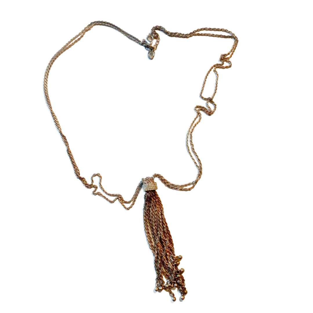 Gold Tone Double Chain Long Necklace Rhinestones Tassel circa 2000s