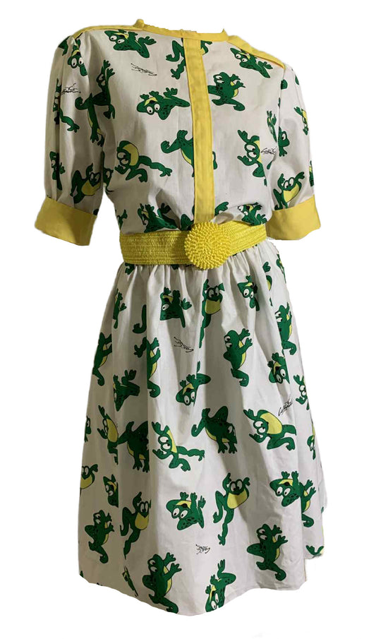 Dancing Frog Novelty Print Cotton Dress circa 1990s