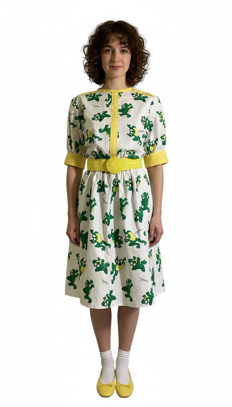 Dancing Frog Novelty Print Cotton Dress circa 1990s