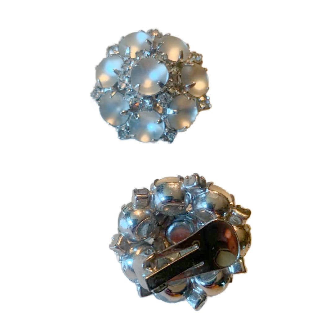 Frosted Icy White Cabochon and Clear Rhinestone Clip Earrings circa 1960s