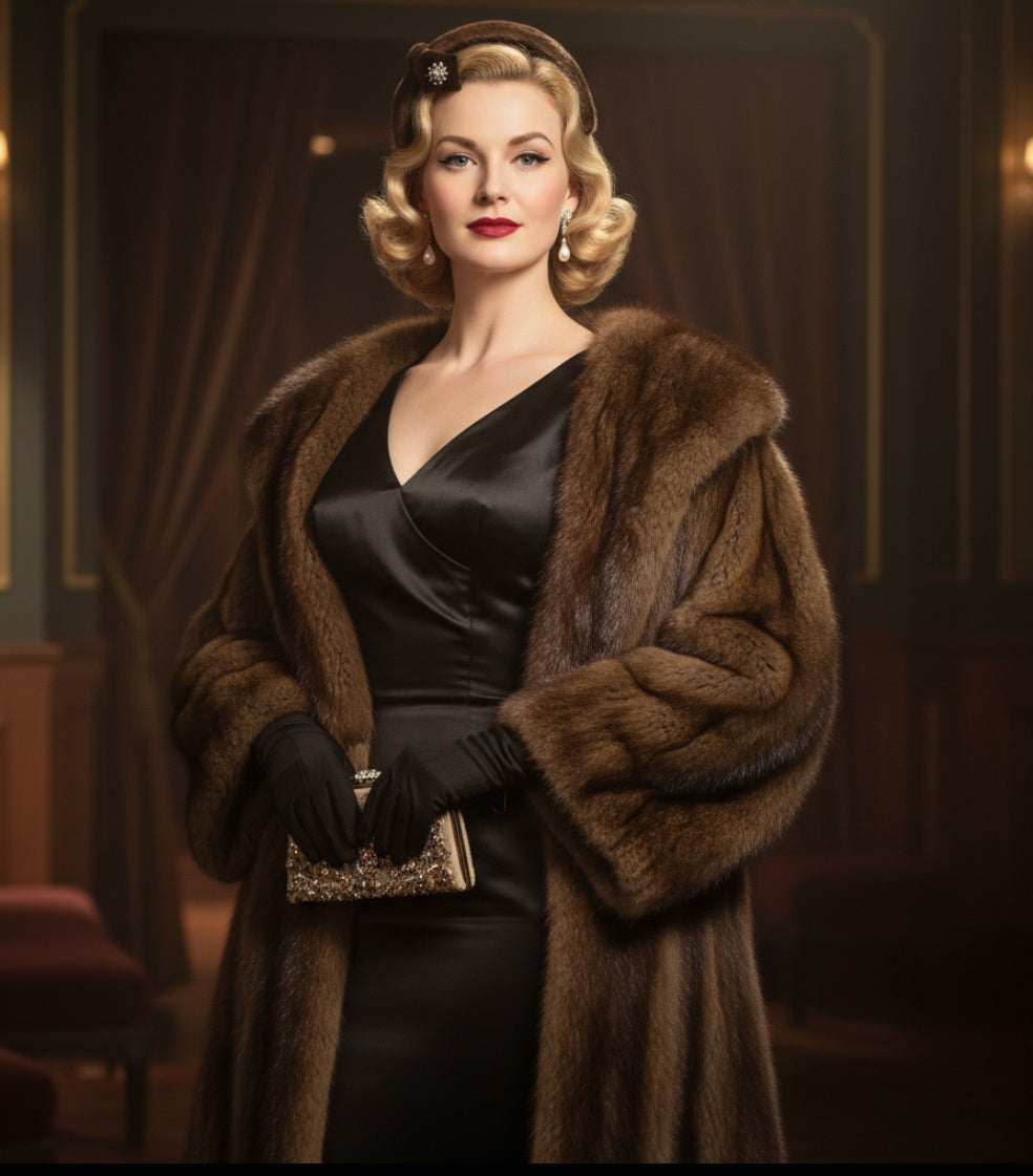 Glossy Fur Wired Cocktail Hat with Velvet and Rhinestones circa 1950s