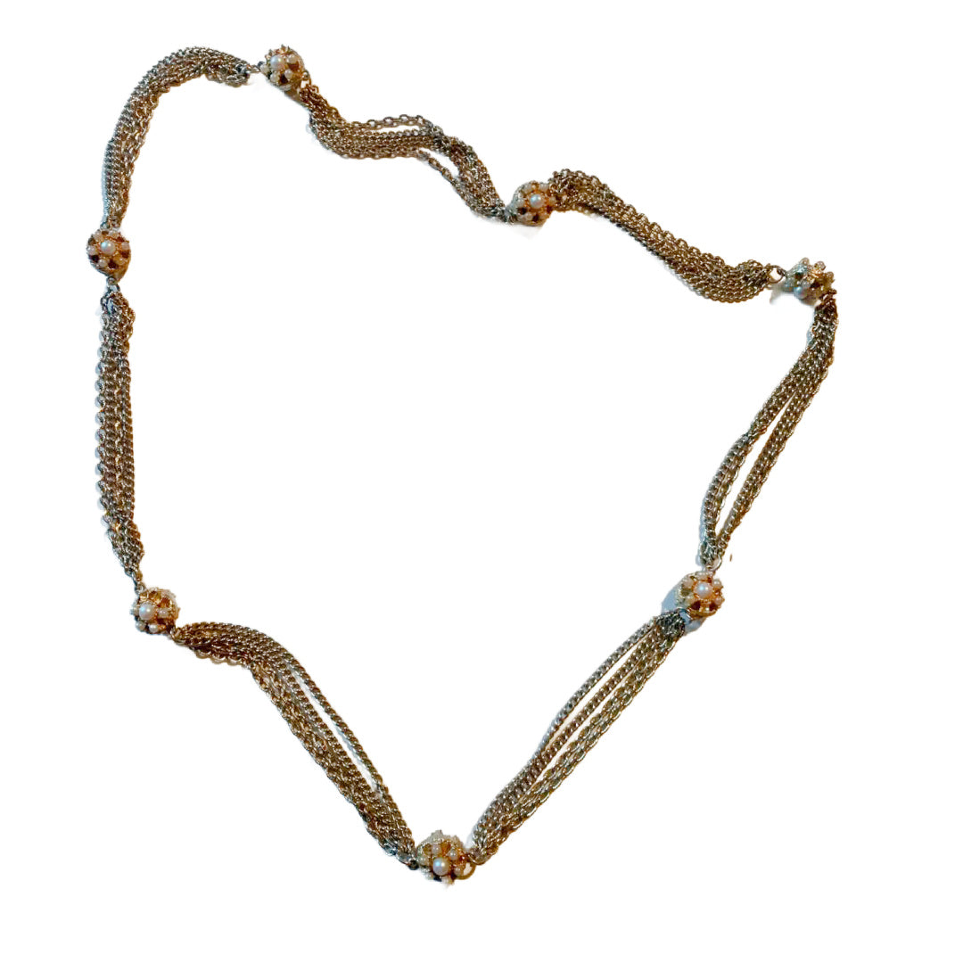 Long Gold Tone Quadruple Chain Necklace Faux Pearl Accents circa 1970s