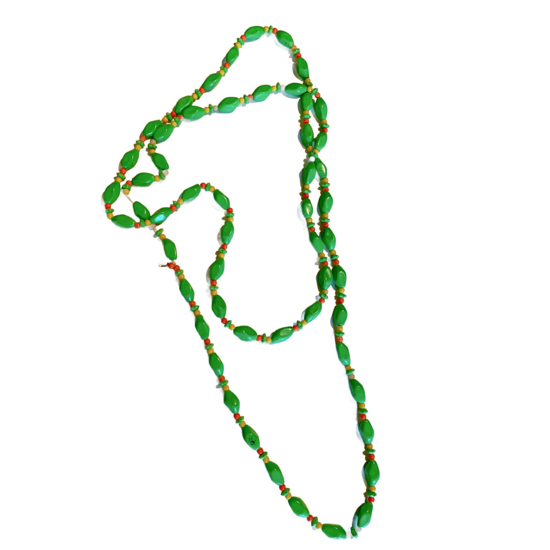 Orange and Green Beaded Long Necklace circa 1960s