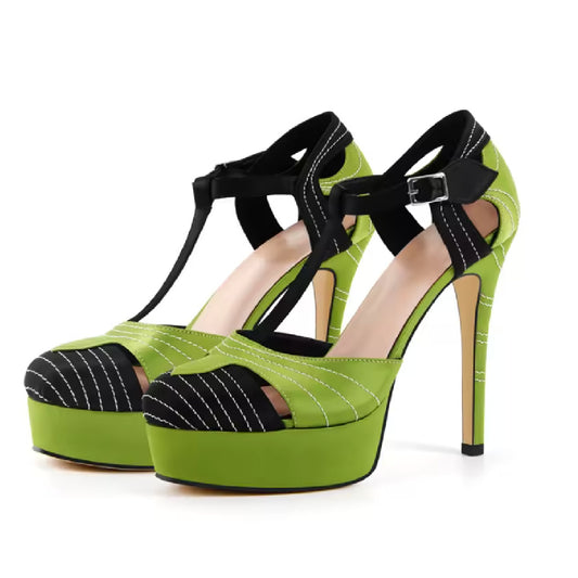 Mazie- the Chartreuse and Black Art Deco T Strap High Heels