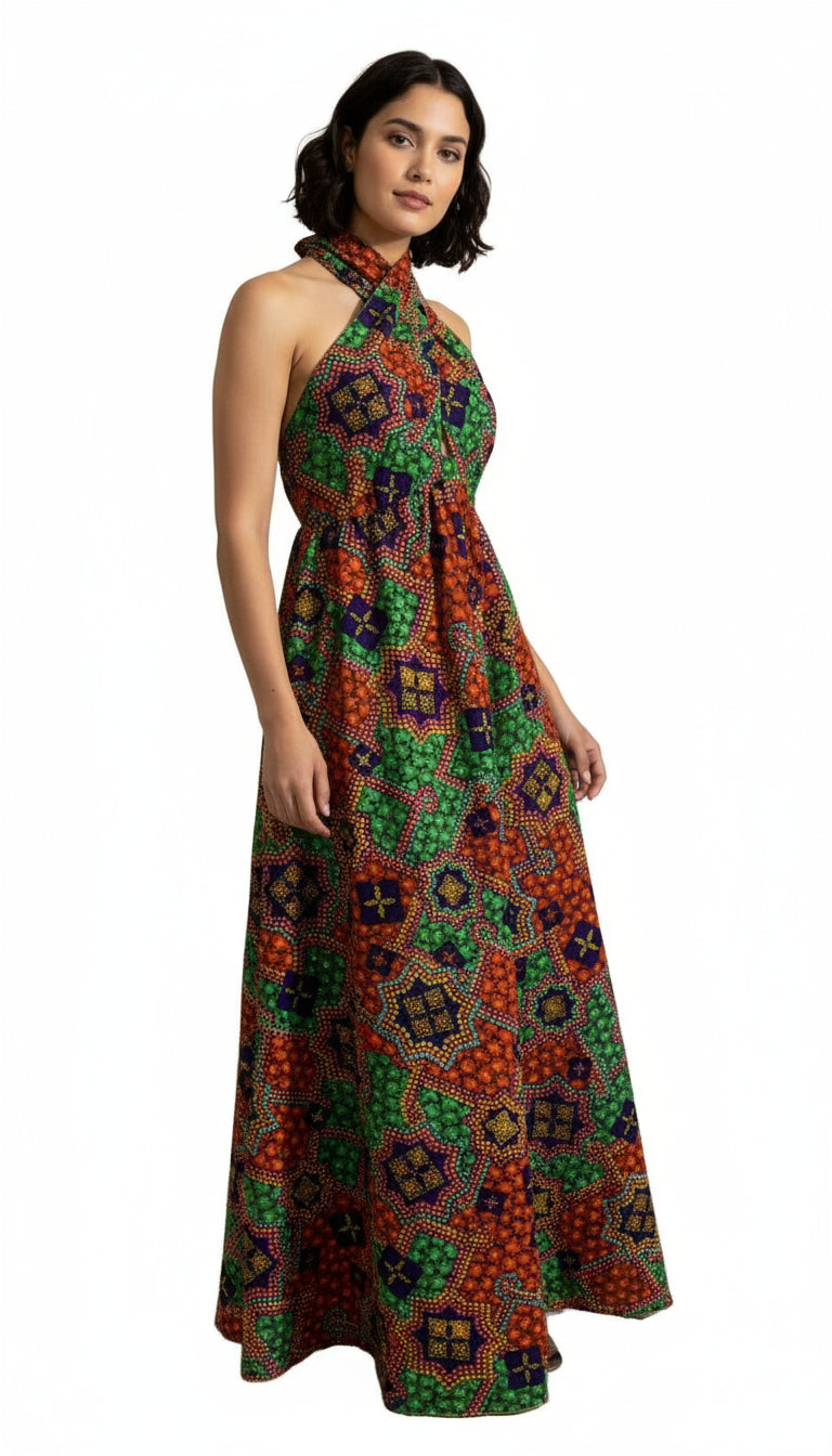 Twist Front Open Back Multicolored Maxi Dress circa 1970s