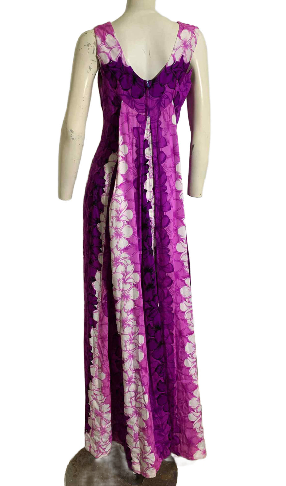 Purple and Pink Plumeria Print Hawaiian Maxi Dress with Watteau Train circa 1980s