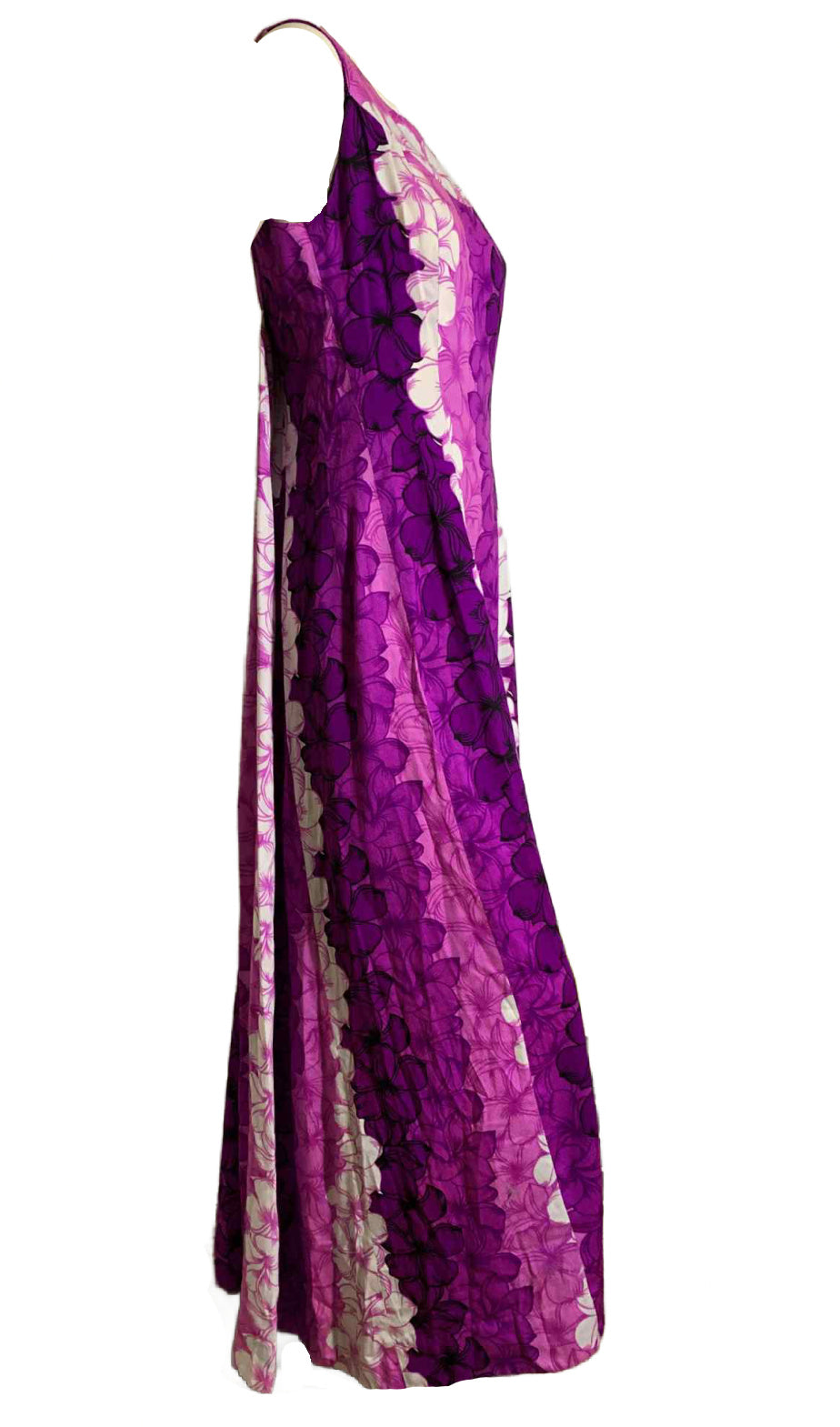 Purple and Pink Plumeria Print Hawaiian Maxi Dress with Watteau Train circa 1980s
