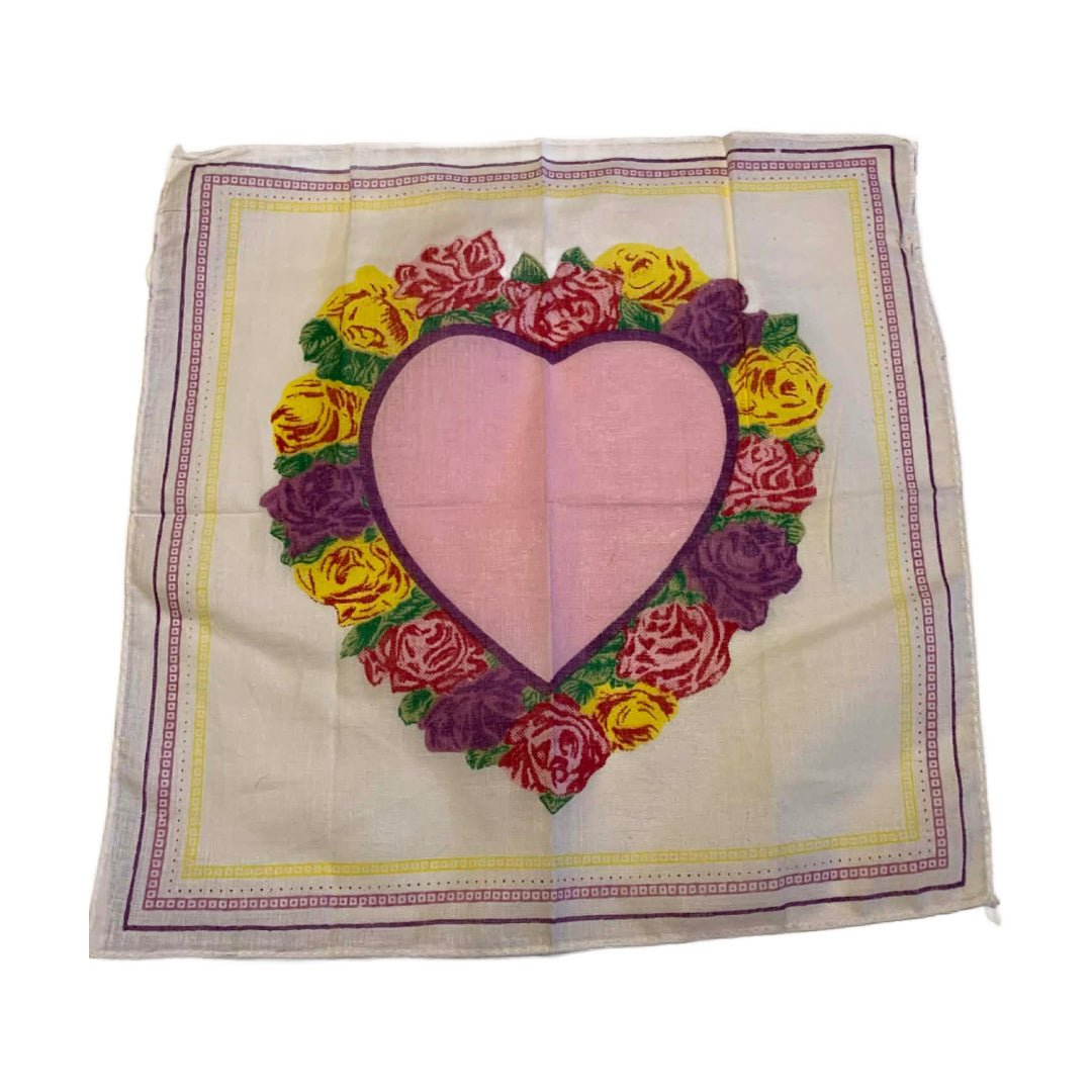 PInk Heart and Roses Crisp Cotton Handkerchief circa 1960s