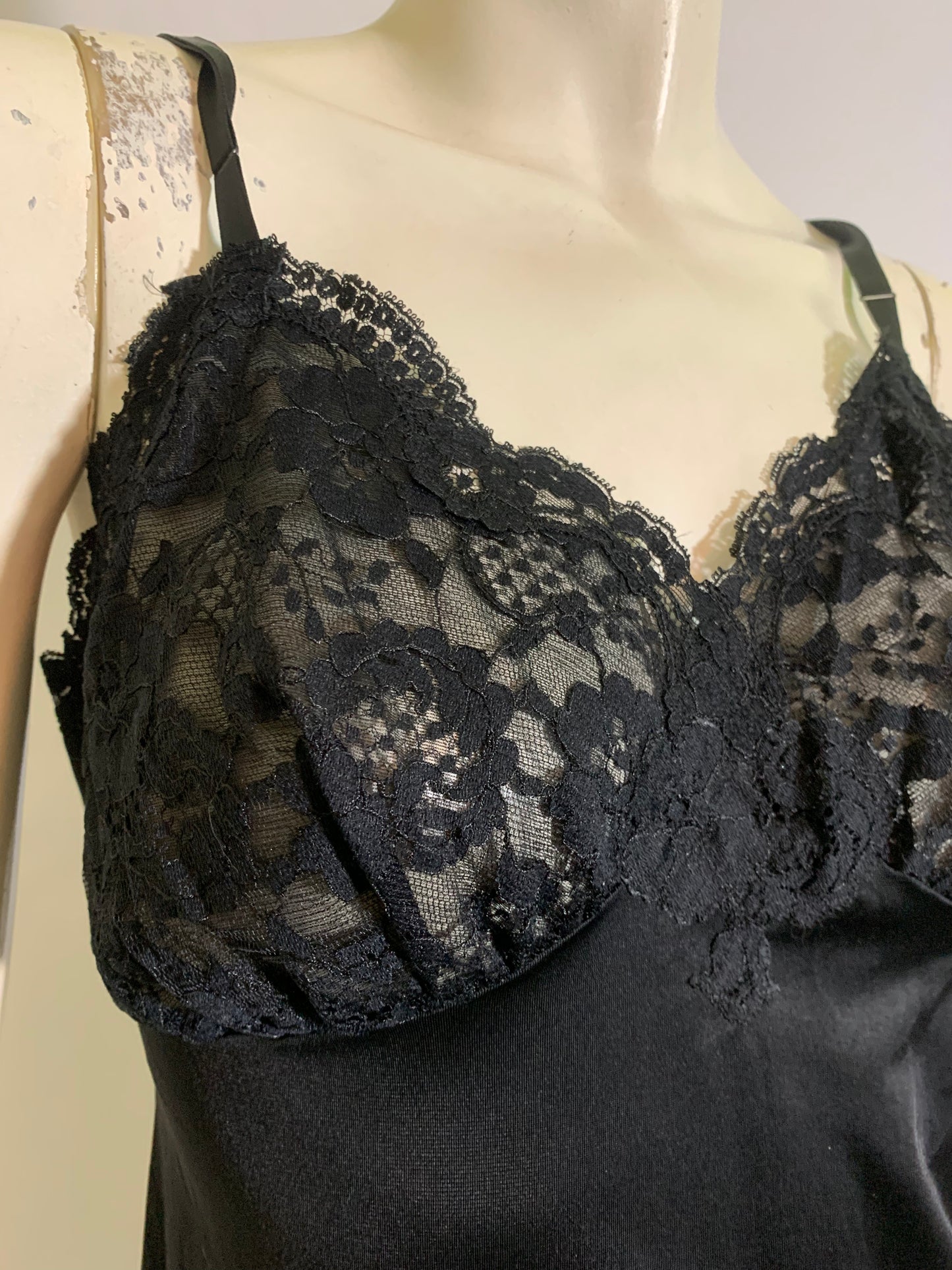 Classic Black Nylon and Lace Full Slip Wide Lace Hem circa 1960s