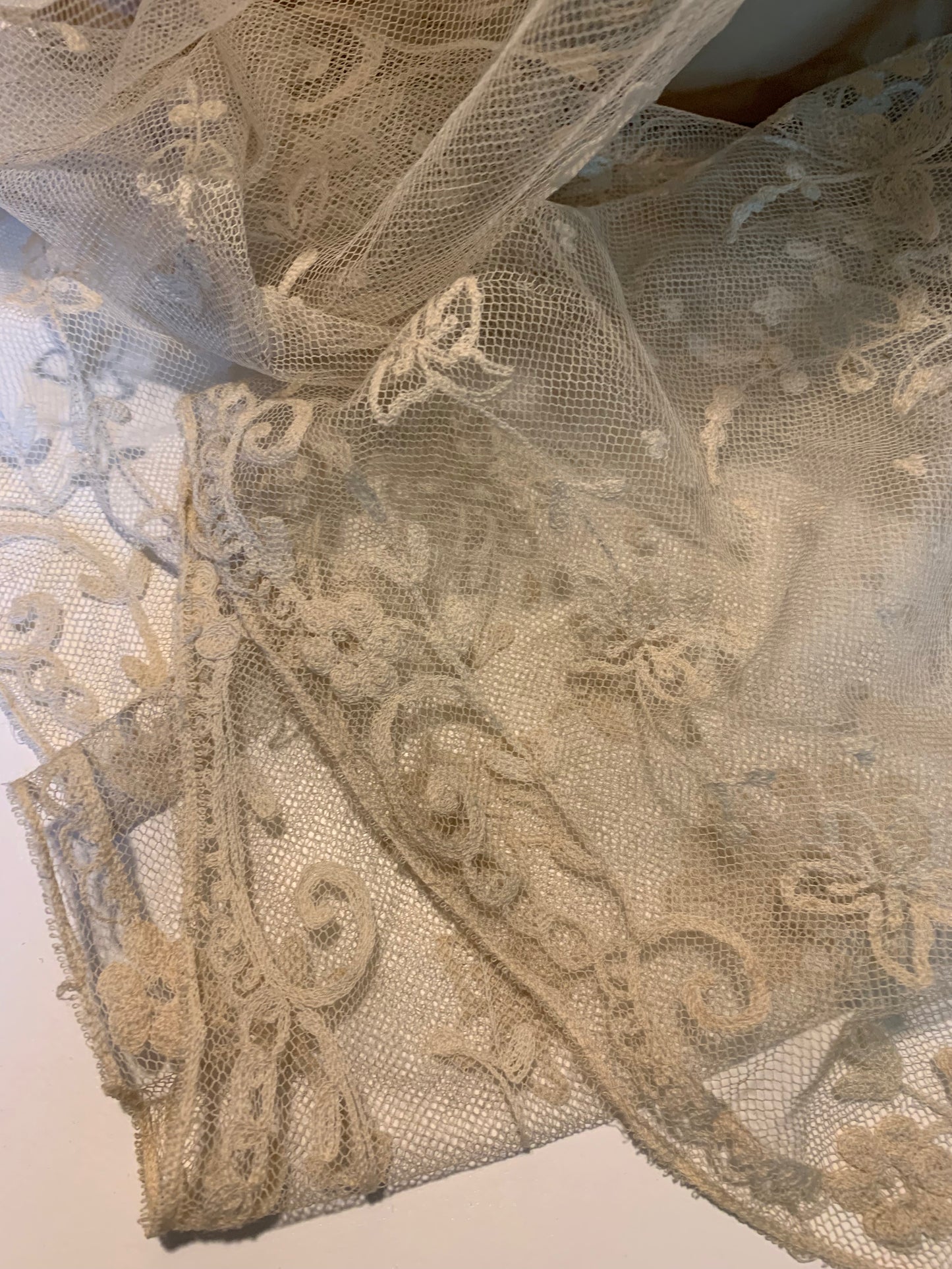 Soft Ivory Embroidered Mesh Lace Shawl or Head Piece circa 1800s