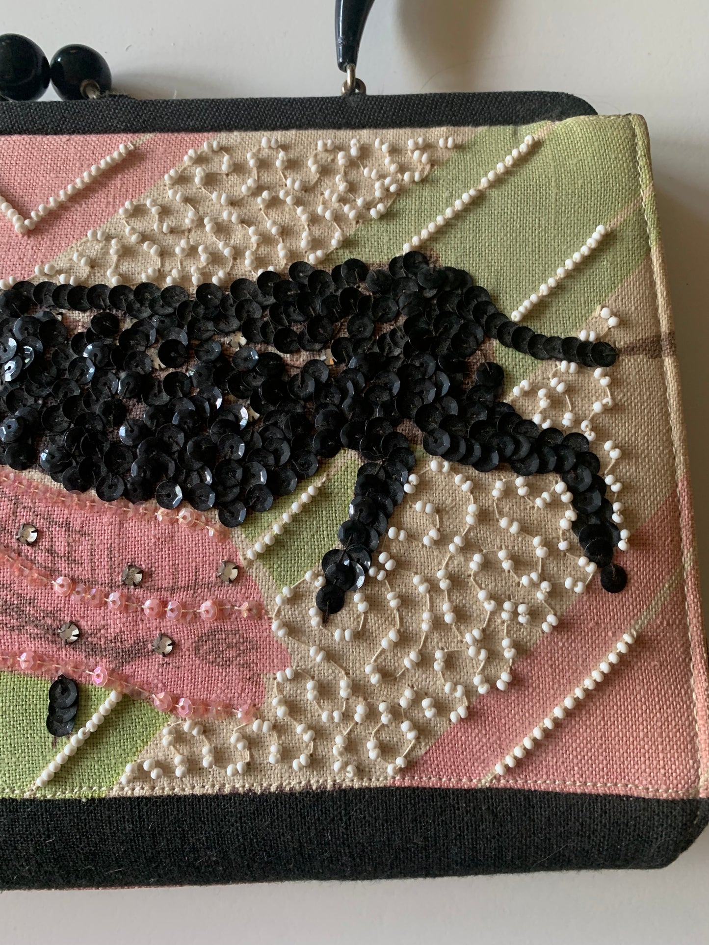 Rare Bullfighter Pink Green and Black Bullfighter "Tea Towel" Handbag circa 1950s