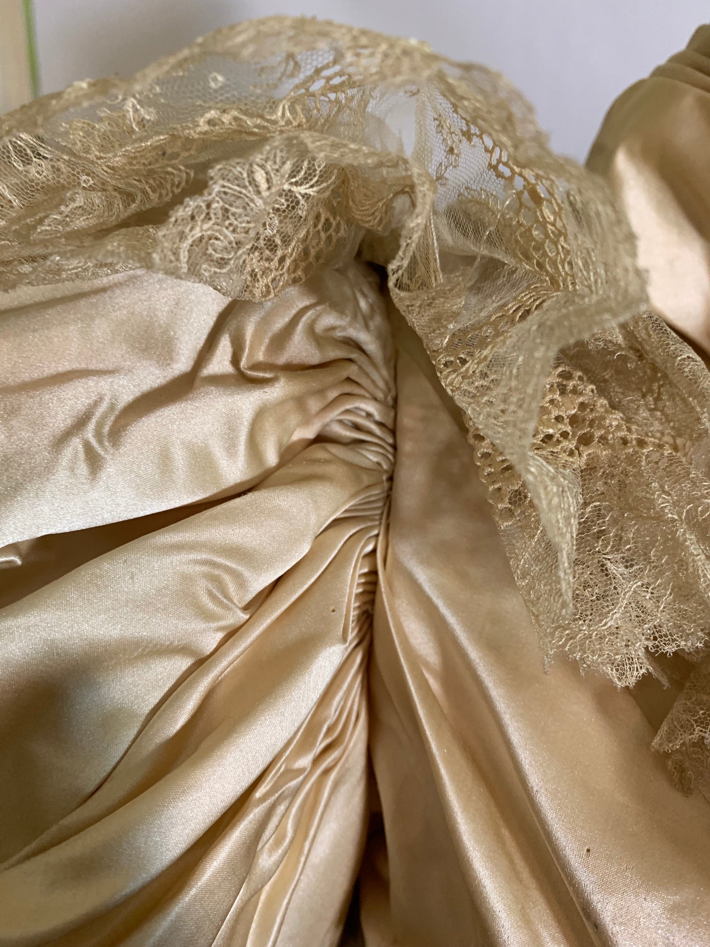 Candlelight Silk and Lace Bridal Ensemble with Leg of Mutton Sleeves and Bible circa 1895