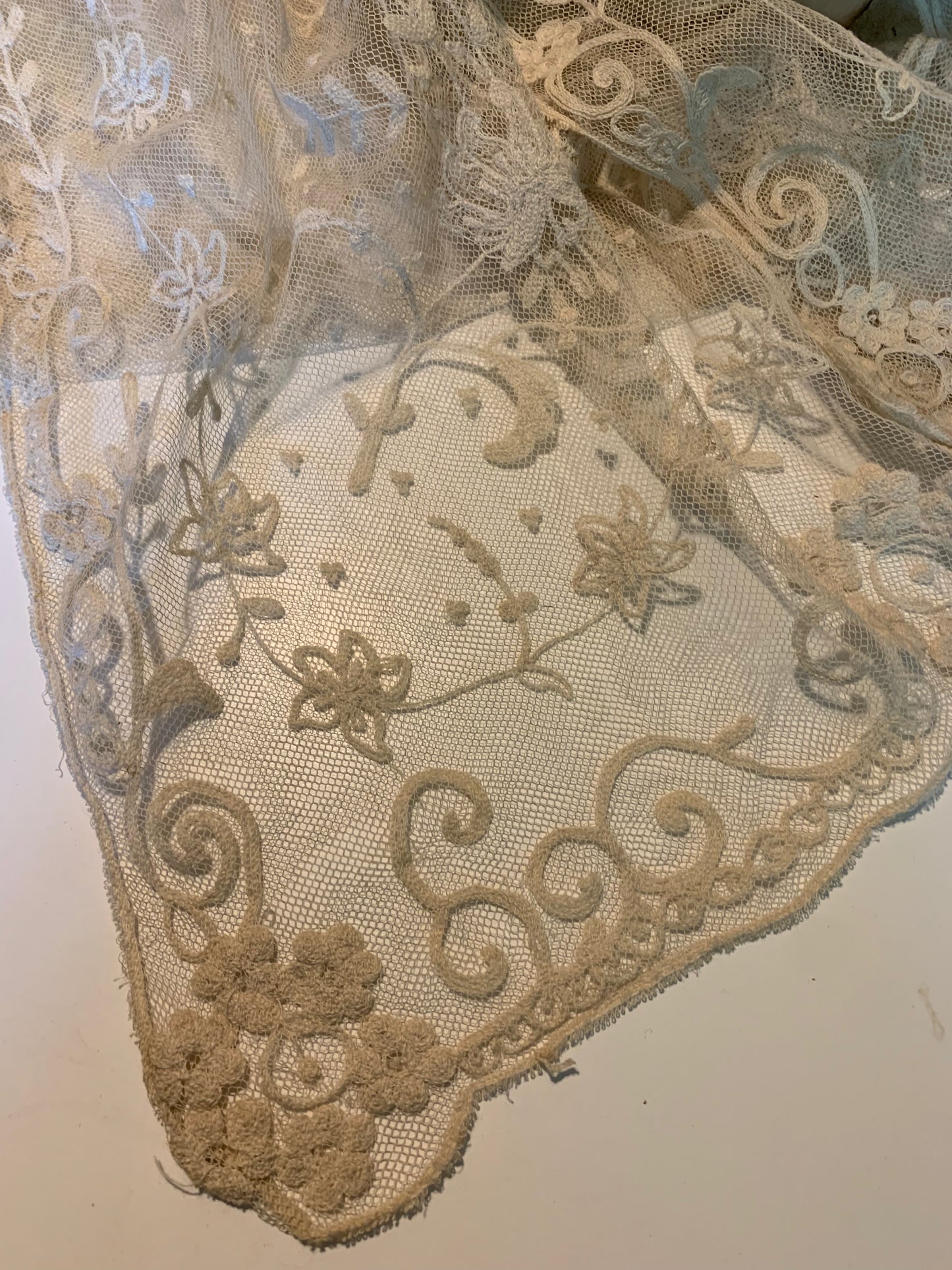 Soft Ivory Embroidered Mesh Lace Shawl or Head Piece circa 1800s