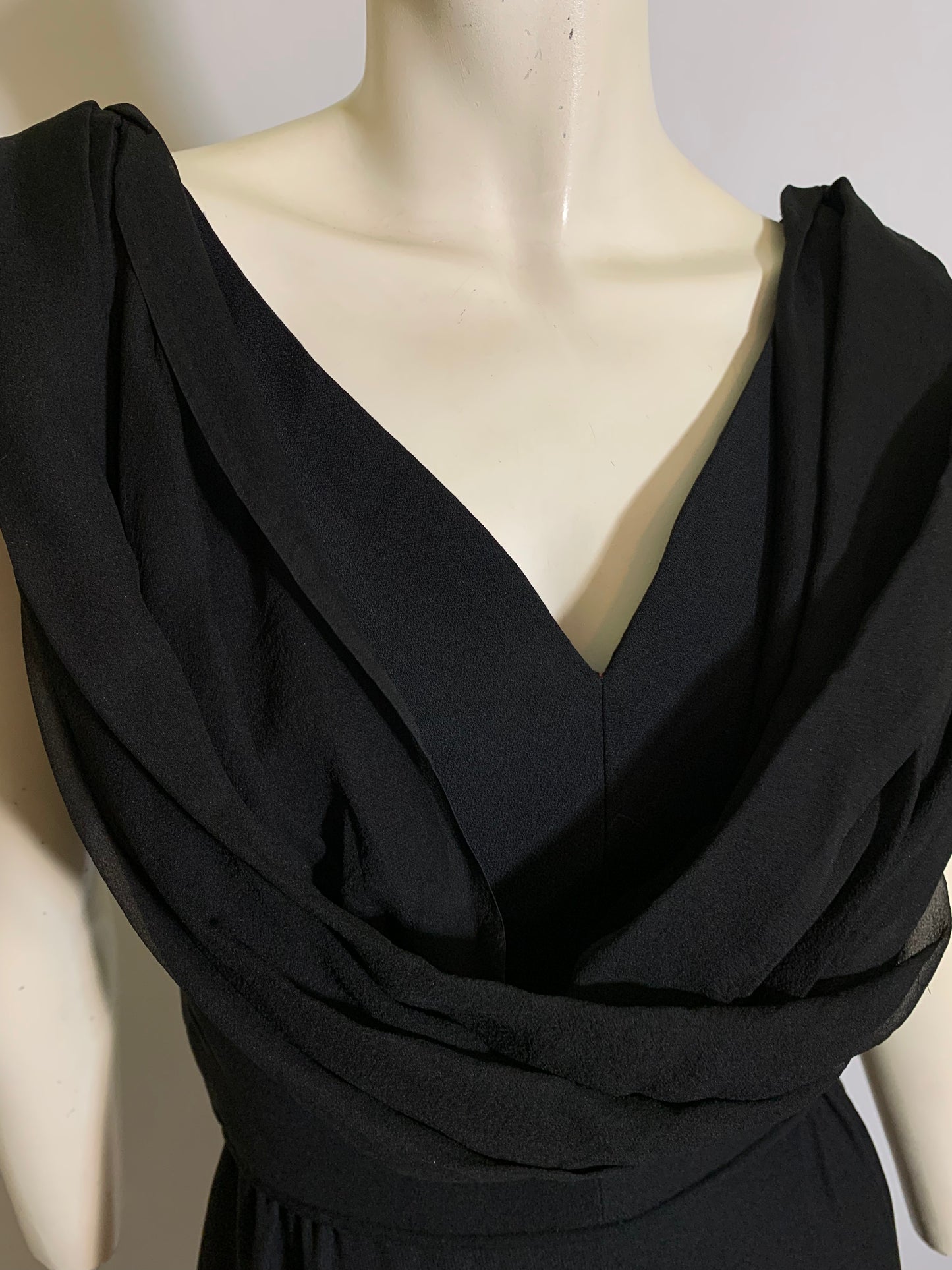 Black Chiffon Draped Neckline Mini Cocktail Dress circa 1960s